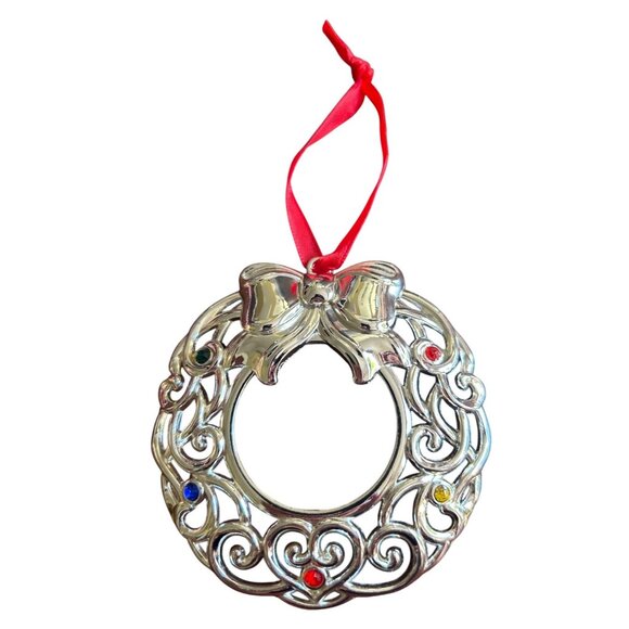 Lenox Sparkle & Scroll Silver Wreath Ornament With Bow & Gem Accents - Picture 1 of 5